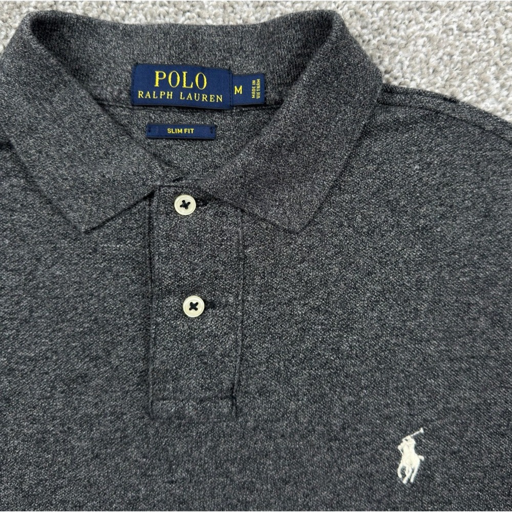 Polo Ralph Lauren Polo Shirt Mens M Gray Slim Fit Long Sleeve Pony Cotton